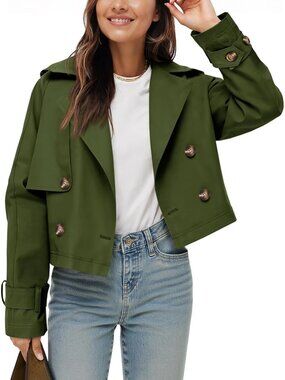 Women's Green Cropped Double Breasted Oversized Lapel Collar Short Trench Coat